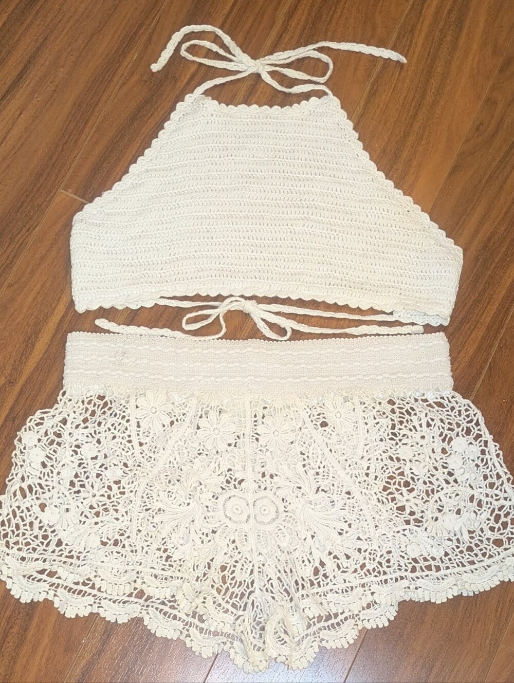 Crochet Halter Crop Top & Shorts Set - Cream/White,*No Tags, M/L
